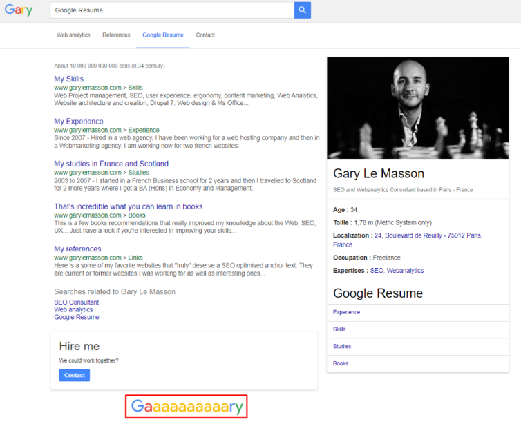Página de currículum de Gary Le Masson