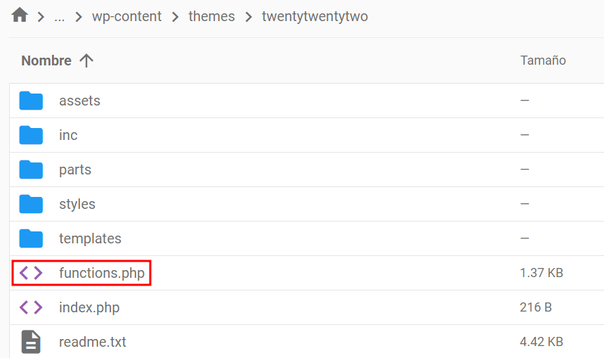 Visualización del archivo functions.php en el administrador de archivos.
