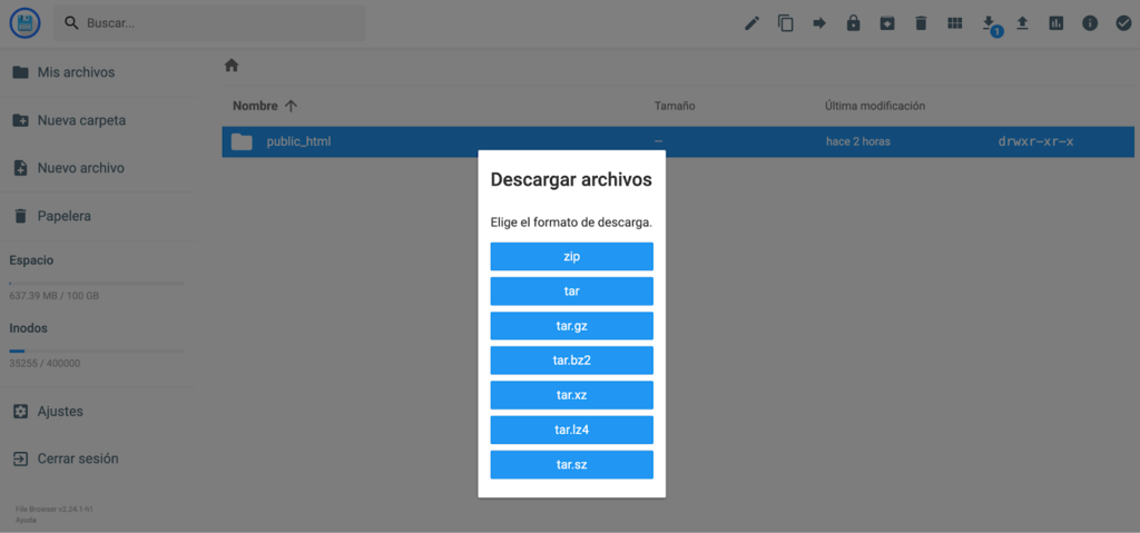 Opciones de Descargar archivos del Administrador de archivos de Hpanel