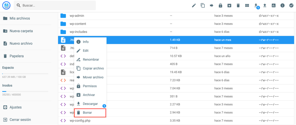 Opción Borrar del Administrador de archivos de hPanel