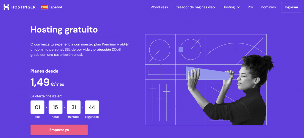 Página de hosting gratuito de Hostinger