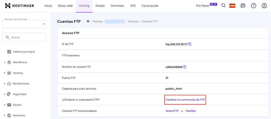 Sección de Cuentas FTP de hPanel