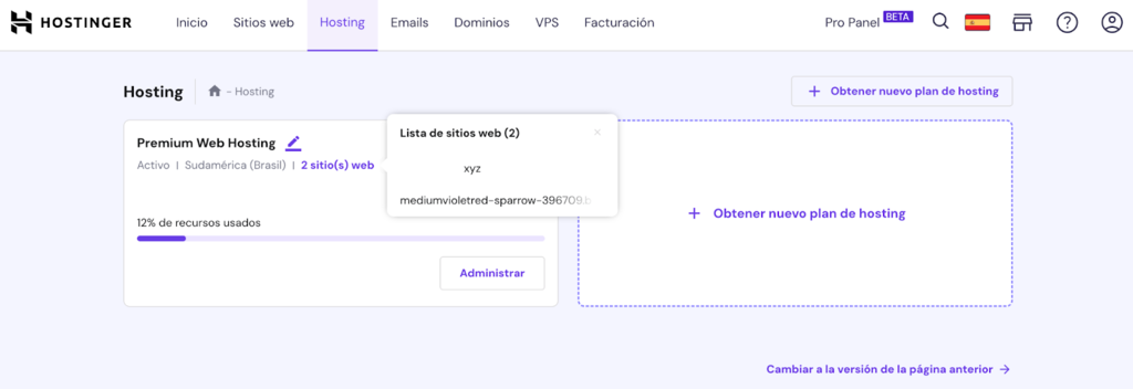 Sección de Hosting de hPanel