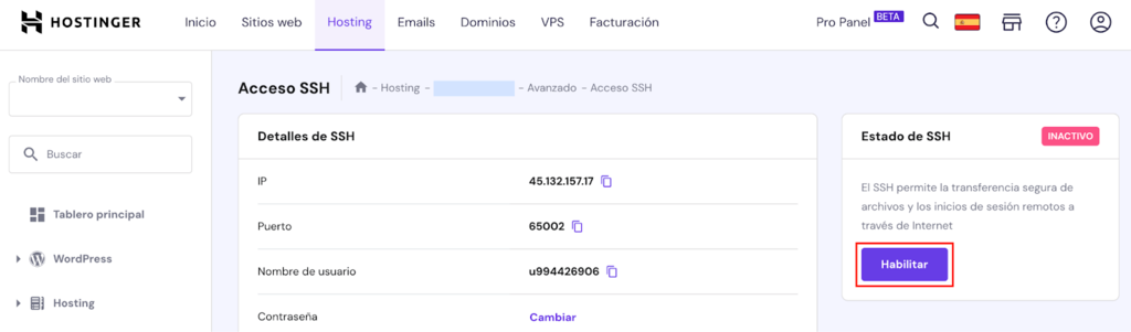 Sección Acceso SSH de hPanel 