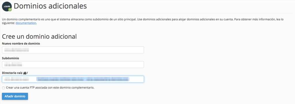 Sección para crear un dominio adicional en cPanel