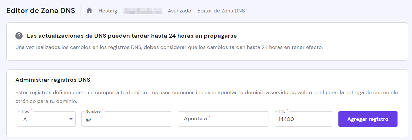Editor de Zona DNS en hPanel