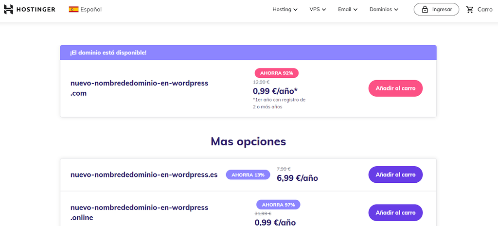 Verificador de dominios de Hostinger
