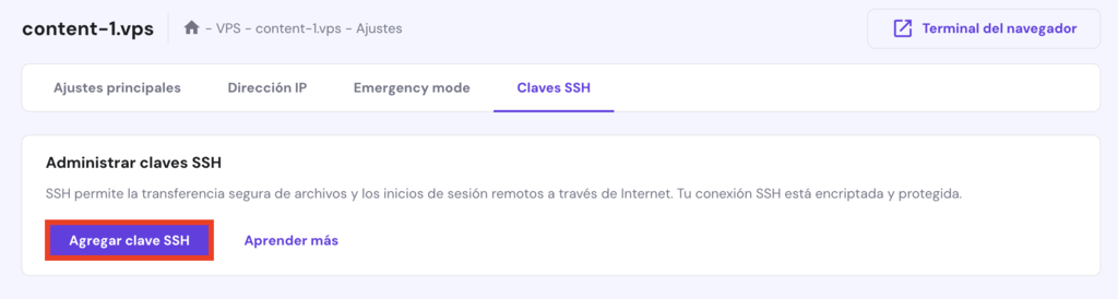 Sección de Claves SSH de hPanel