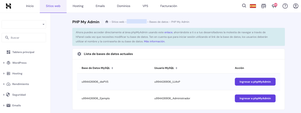Sección PHP MyAdmin de hPanel