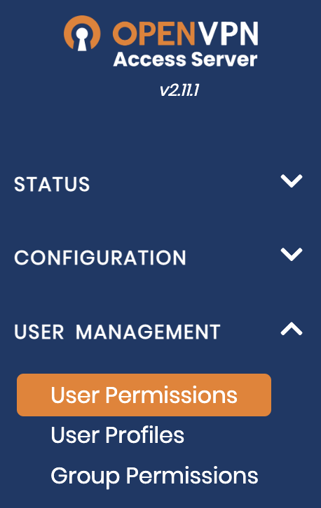 Barra lateral del panel de OpenVPN con el botón Configuración VPN seleccionado