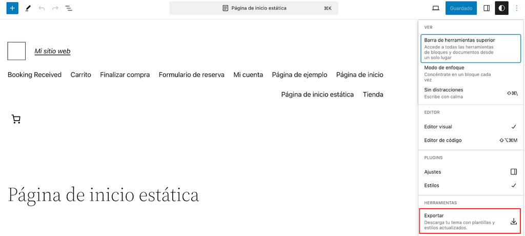 Opción Exportar del editor de WordPress