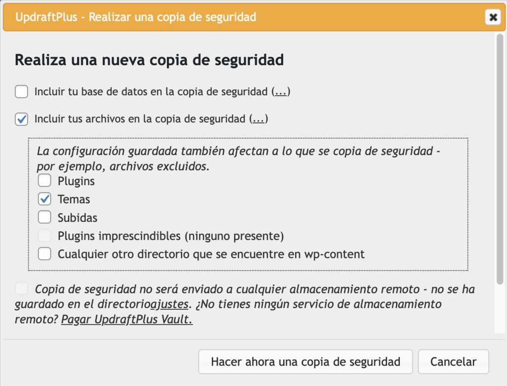 Ventana para Realizar una copia de seguridad de UpdraftPlus