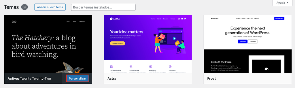 Sección de Temas de WordPress