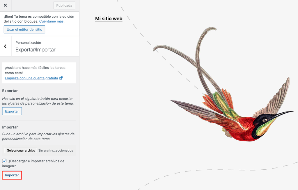 Opción Importar del editor de tema de WP