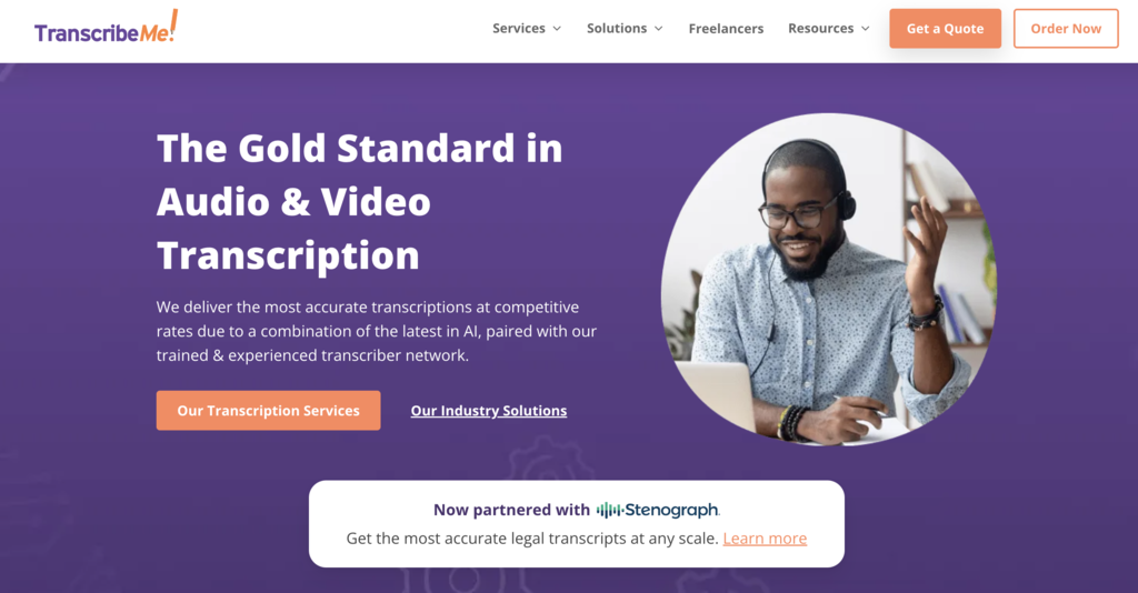 Página de inicio de Transcribeme, un sitio web para trabajos de transcripción