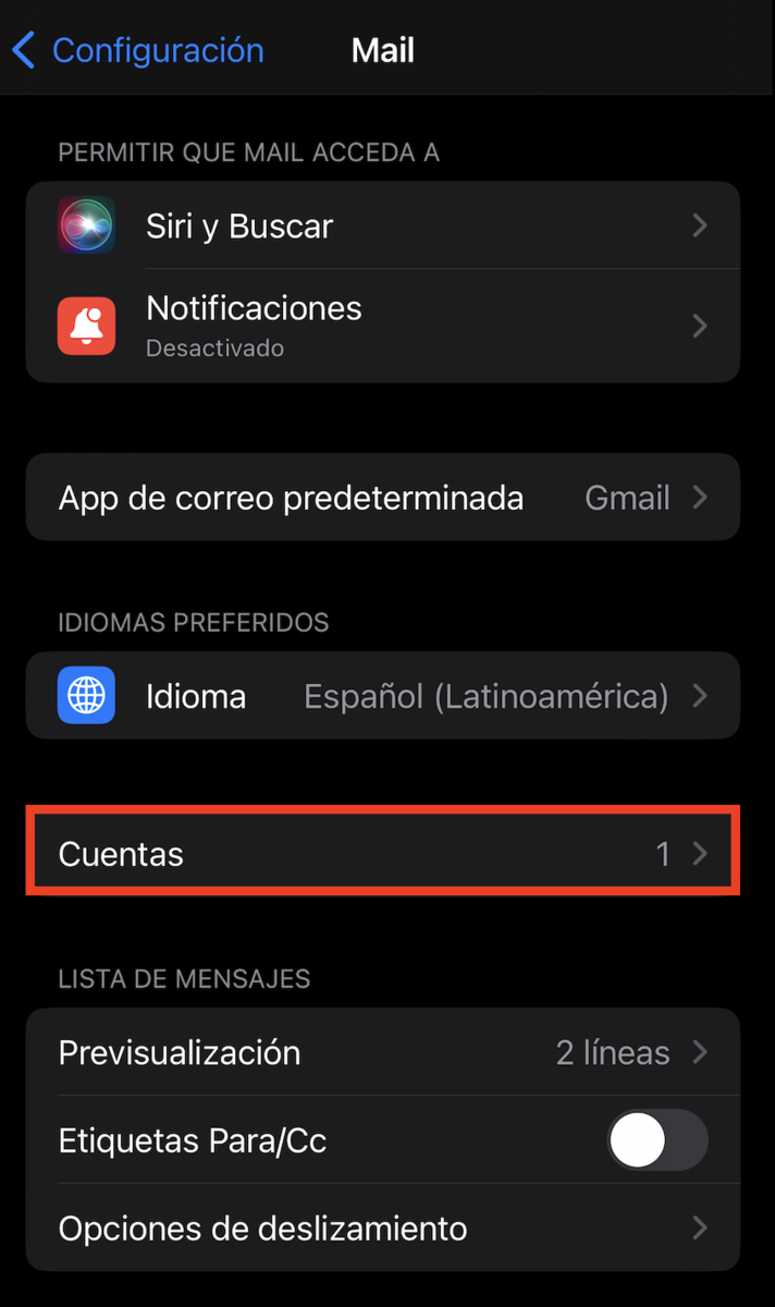 Cuentas de ajustes en iPhone