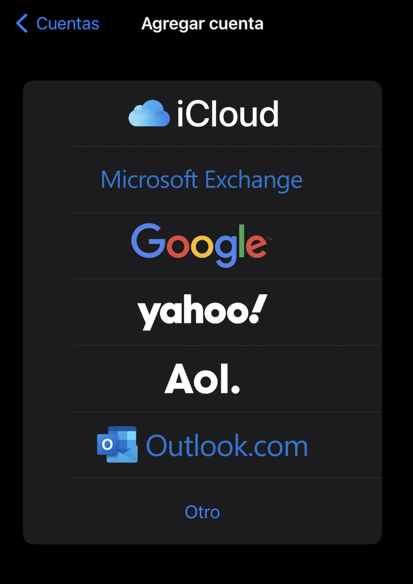 Opciones de correo electrónicos disponibles para añadir en iPhone