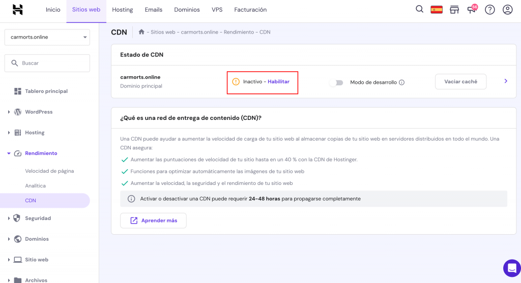 Página de CDN de hPanel en Hostinger