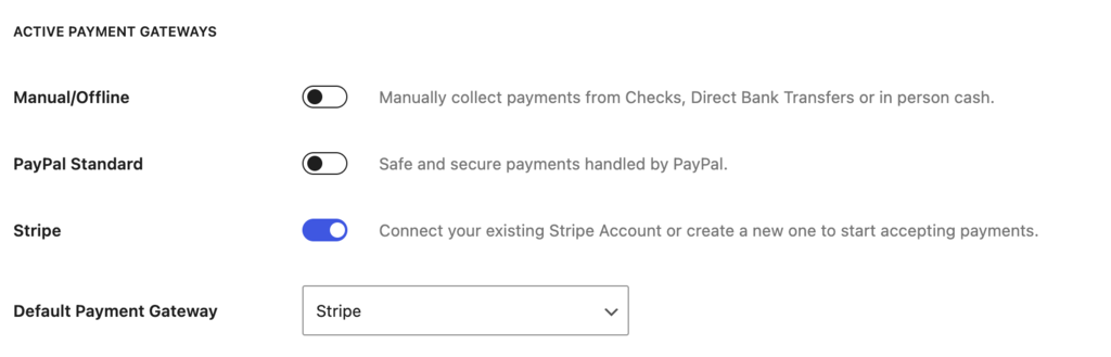 Pasarelas de pago activas de Paid Member Subscriptions