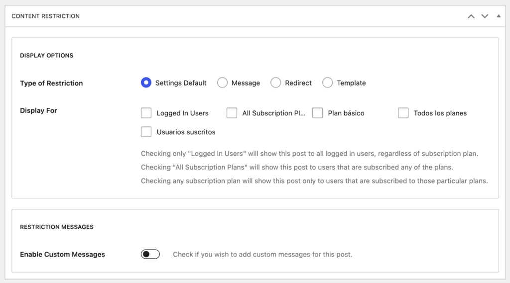 Sección de restricción de contenido de WP