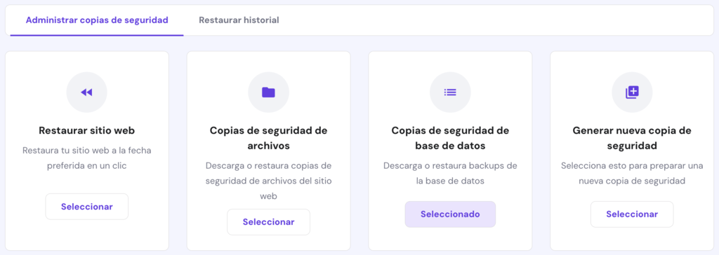 Administrador de copias de seguridad en hPanel