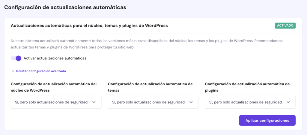 Mostrar configuración avanzada de actualizaciones de hPanel
