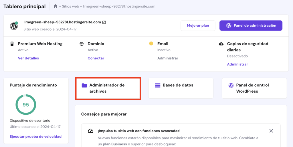 Tablero principal de hPanel