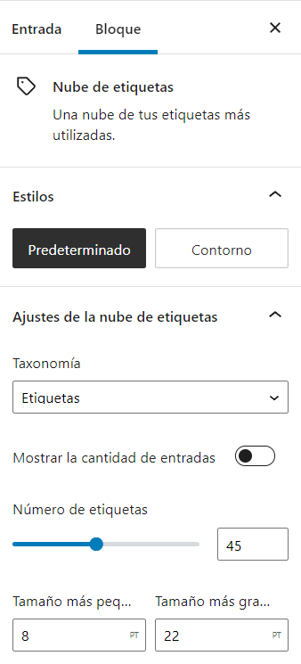 Ajustes de la Nube de etiquetas en el editor de bloques de WP