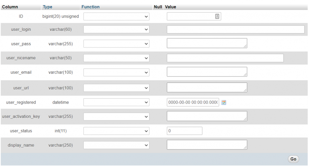 Sección de Insertar de phpMyAdmin