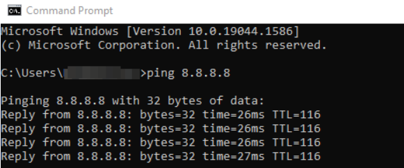 Símbolo del sistema de Window con el ping 8.8.8.8. 4 veces