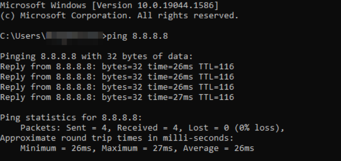 Prueba exitosa de una prueba de ping en el Símbolo del sistema