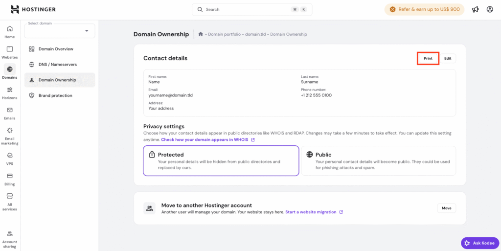 Domain ownership page on hPanel with Print highlighted.