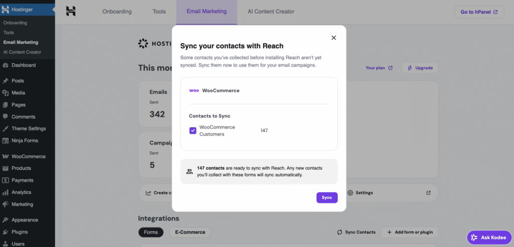 WooCommerce contact syncing with Hostinger Reach.