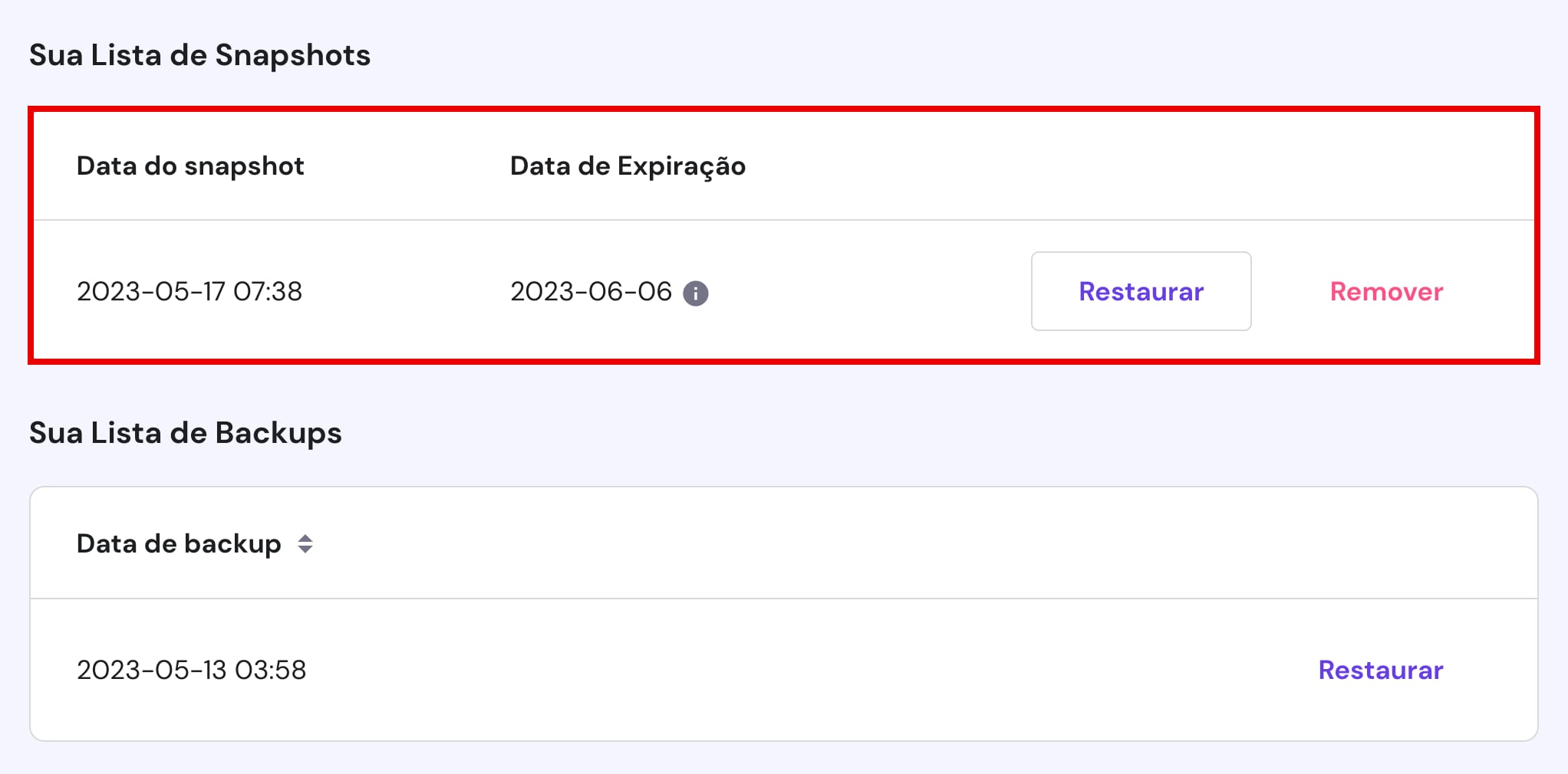 A lista de instantâneos do VPS