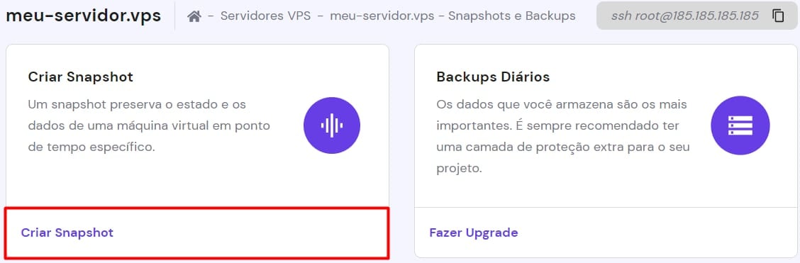 Criação de um instantâneo de um servidor VPS