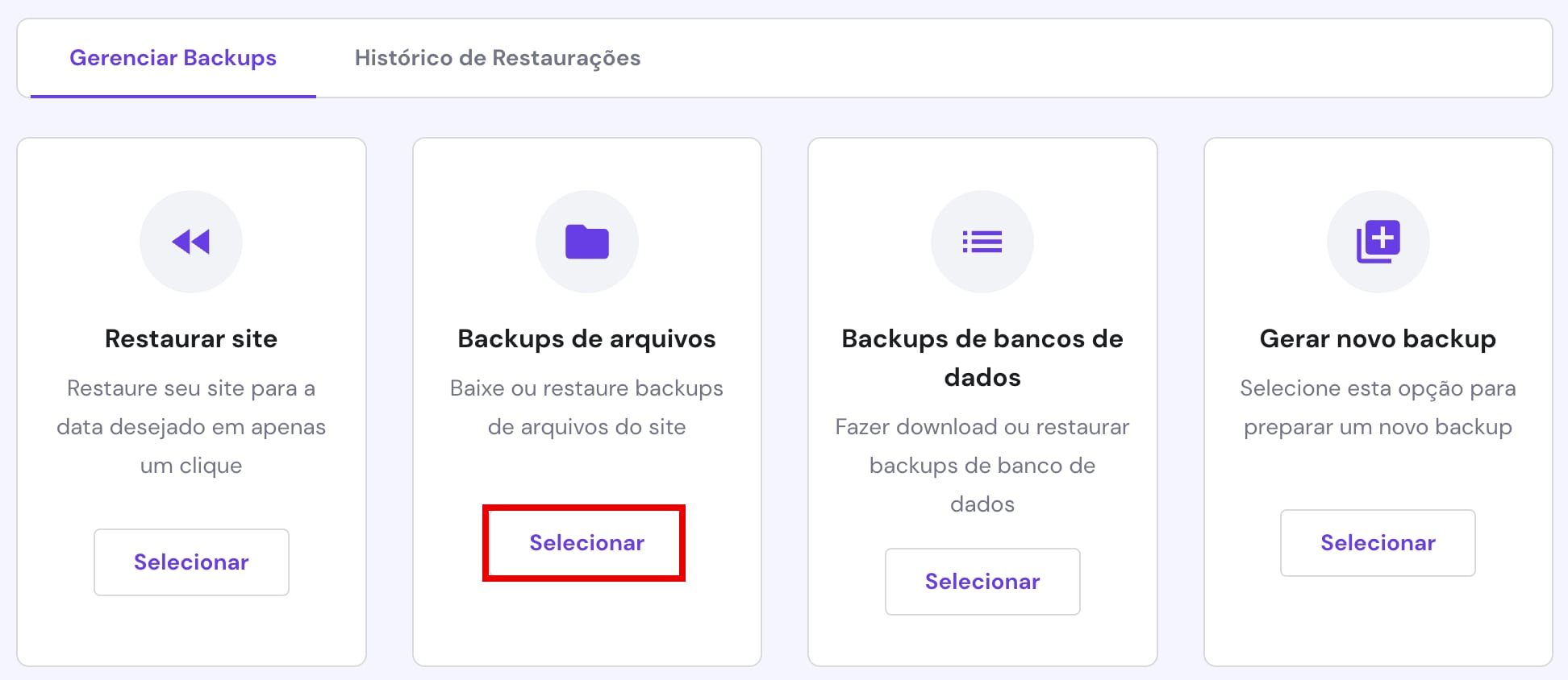 Restaurar um backup de arquivos ou pastas de um site específico