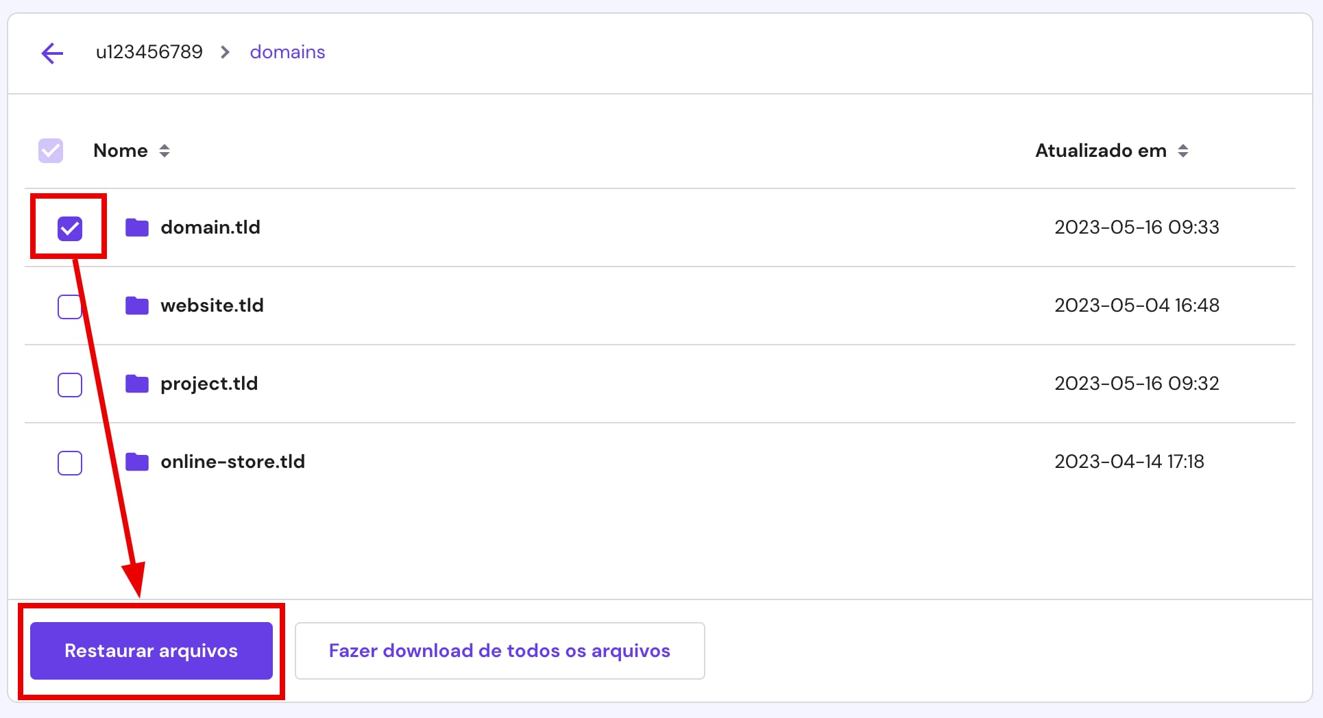 Restauração de um backup de uma pasta específica