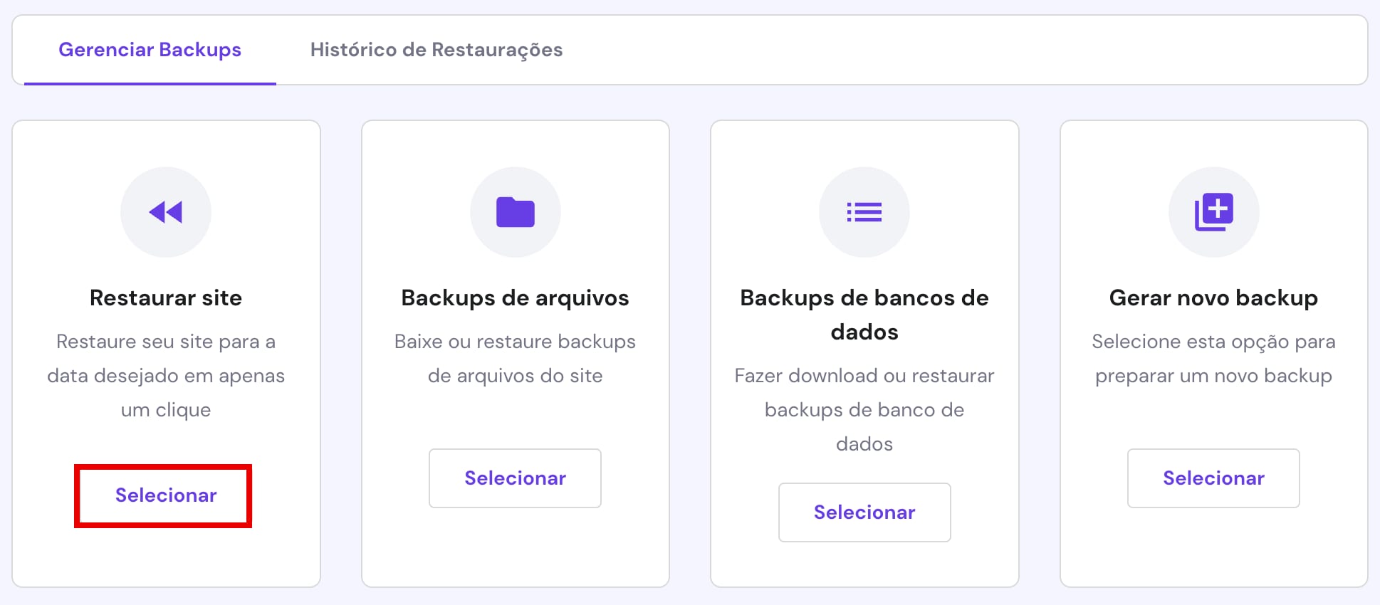 As opções de backups na área de gerenciamento do site
