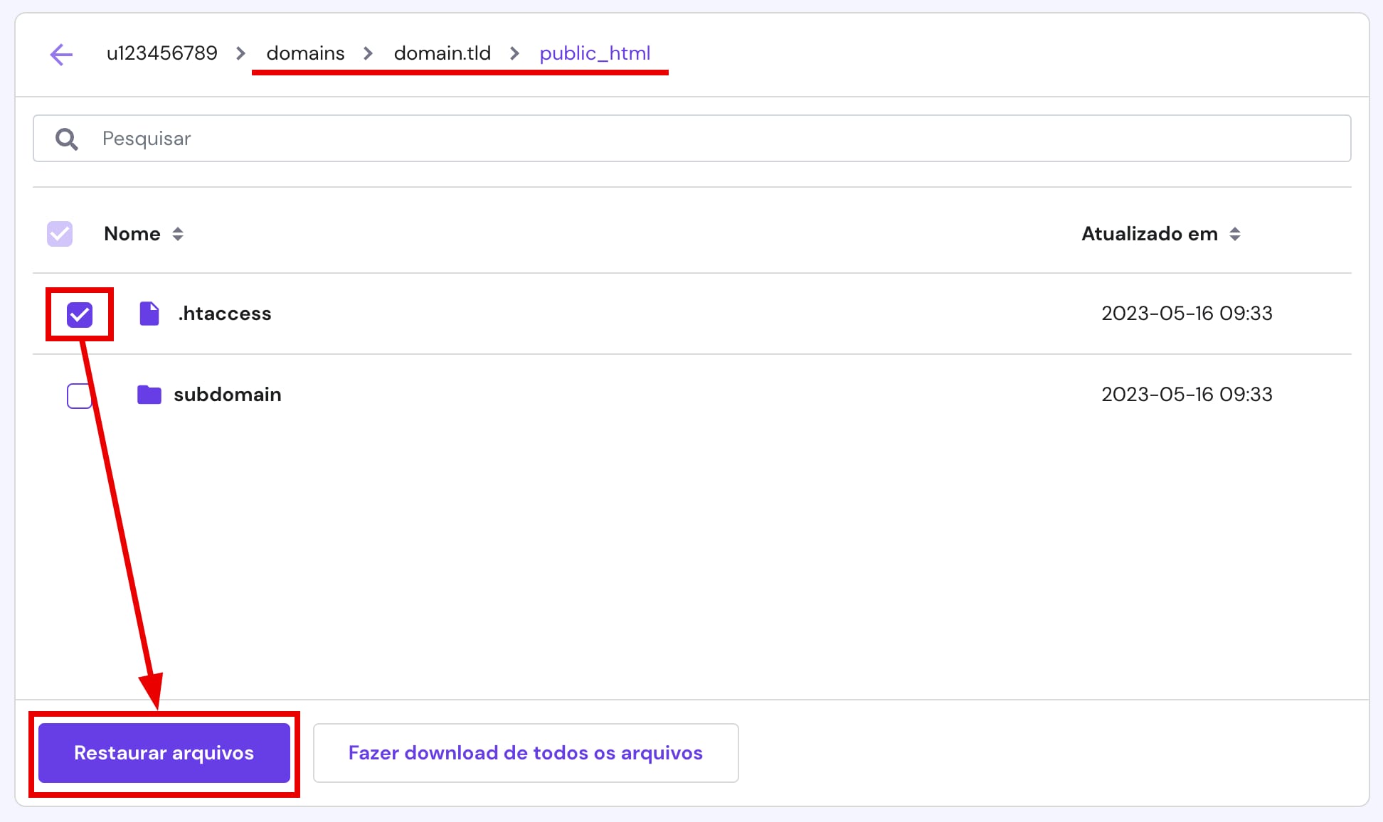 Restaurar um backup dos arquivos de um determinado site 