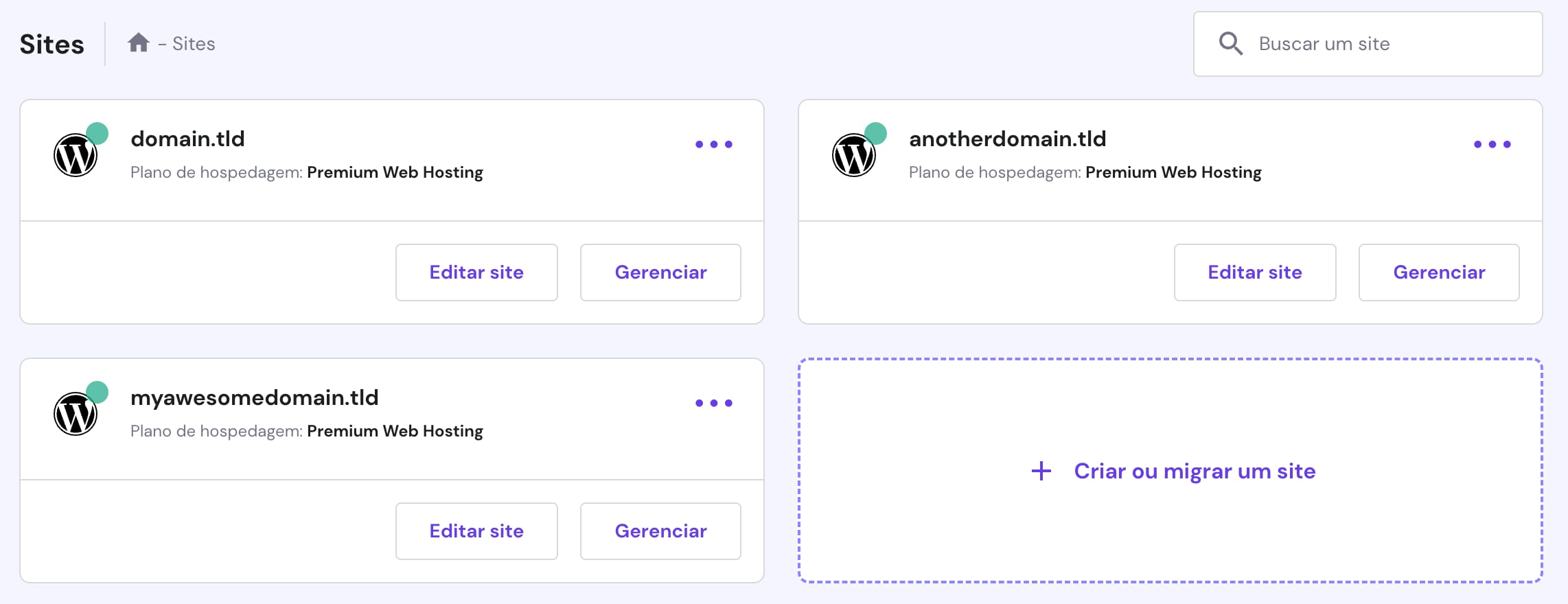 A seção Sites do hPanel