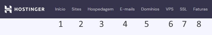 A barra superior do hPanel da Hostinger mostrando o acesso rápido às seções de gerenciamento