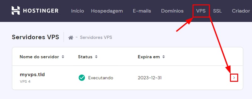 A opção selecionar VPS no hPanel