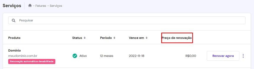Preço de renovação