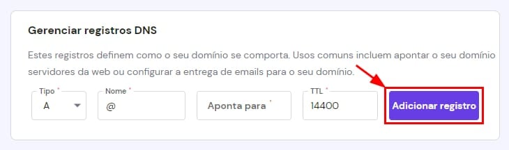 A seção Gerenciar registros DNS mostrando como adicionar um novo registro