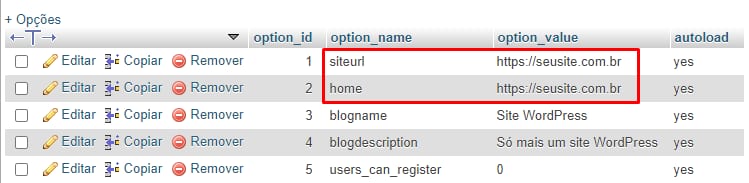 Os valores siteurl e home de um site WordPress no banco de dados