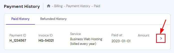A seção Histórico de pagamentos mostrando como acessar a opção de download dos detalhes da fatura