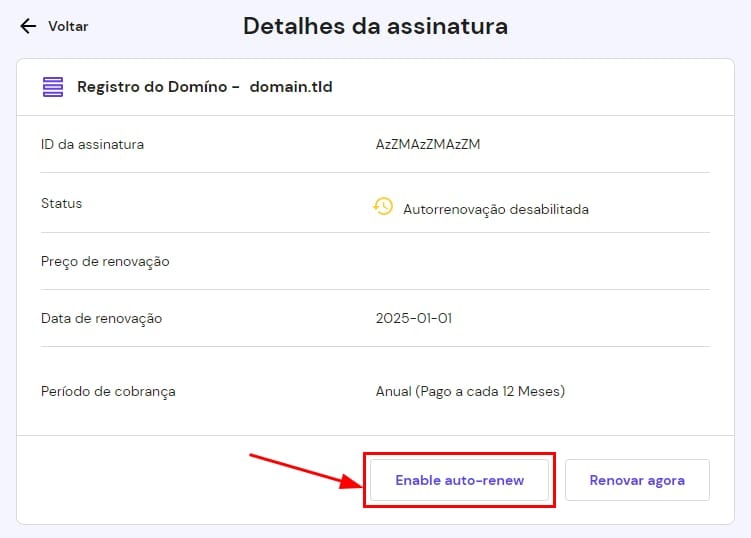 O botão Ativar renovação automática na página de detalhes da assinatura