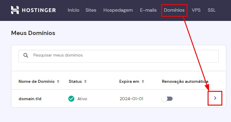 A seção Domínios no hPanel mostra como acessar a zona DNS