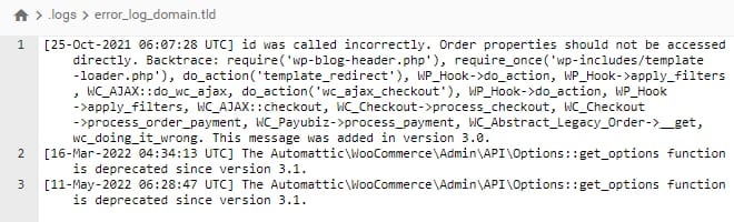 O editor de arquivos exibindo um exemplo de arquivo de log de erros