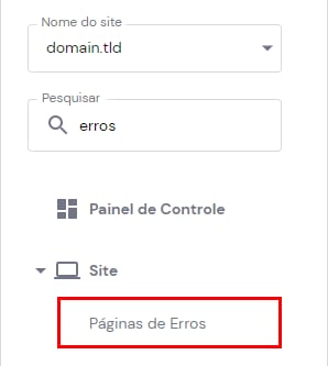 A barra lateral do hPanel mostrando para selecionar Páginas de Erros